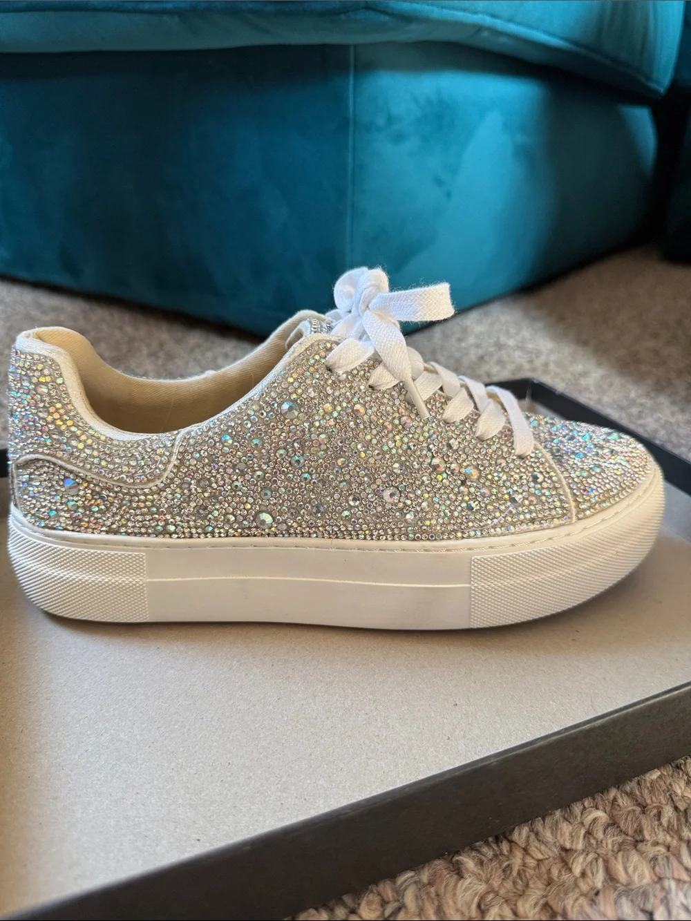 Betsey Johnson Sidny Iridescent Crystal Platform Sneakers - White